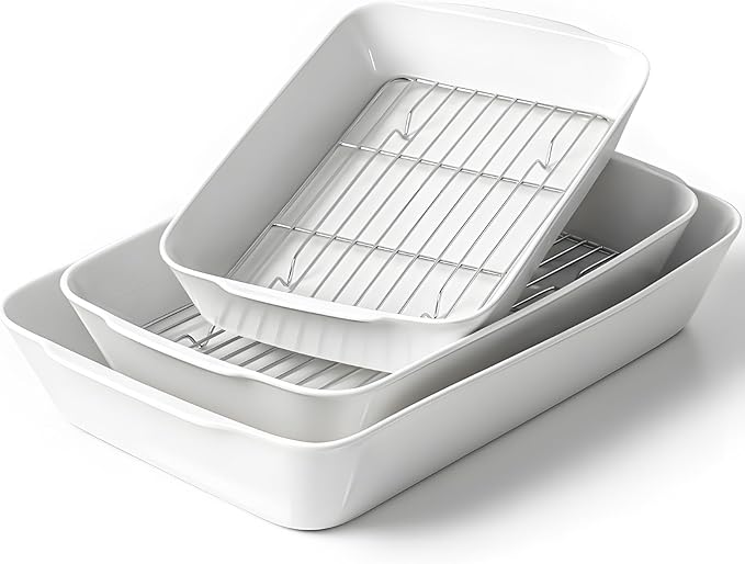 Casserole Dishes for Oven, Ceramic Baking Dishes Set of 3 with Roasting Racks, Rectangular Lasagna