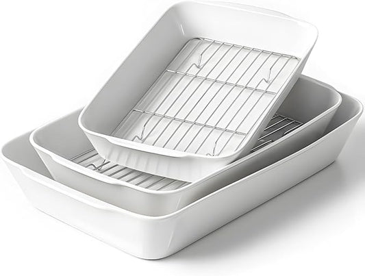Casserole Dishes for Oven, Ceramic Baking Dishes Set of 3 with Roasting Racks, Rectangular Lasagna