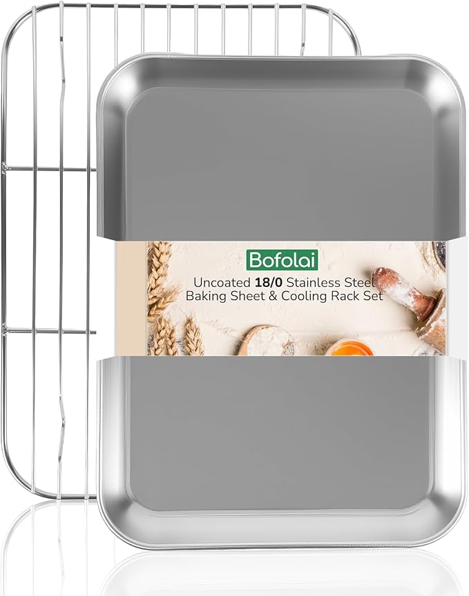 18/0 Stainless Steel Baking Sheet with Cooling Rack, 15.9 Inch Oven-Safe Non-Toxic Cookie Sheets