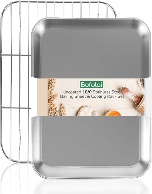 18/0 Stainless Steel Baking Sheet with Cooling Rack, 15.9 Inch Oven-Safe Non-Toxic Cookie Sheets
