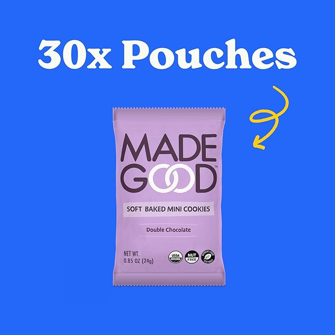 MadeGood Double Chocolate Soft Baked Mini Cookies (30 Count - 0.85 Oz Each) Allergy Friendly