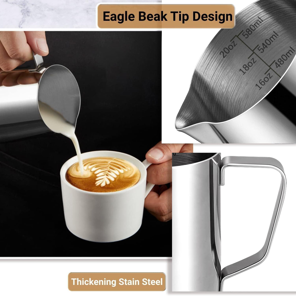 Milk Frothing Pitcher, 600ml (20oz) Milk Frother Cup Stainless Steel Jug Steaming Pitcher, Milk