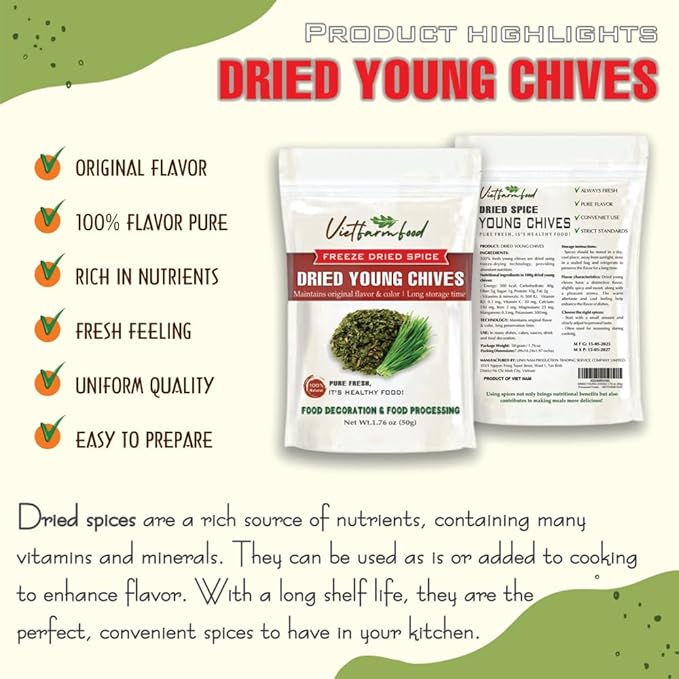 DRIED YOUNG CHIVES 1.76 Oz (50g) VIETFARMFOOD: Pure, natural freeze-dried spice made from real