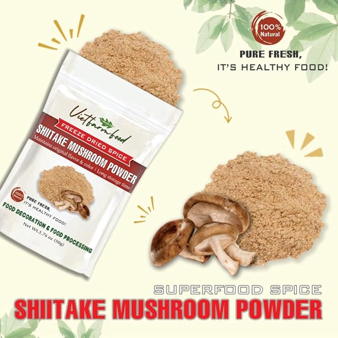 SHIITAKE MUSHROOM POWDER 1.76 Oz (50g) VIETFARMFOOD: Pure, natural freeze-dried spice made from