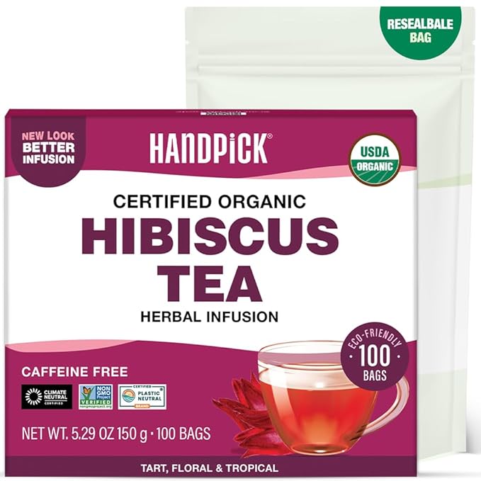 HANDPICK, Organic Hibiscus Tea Bags (100 Tea Bags) | Caffeine-Free, 100% Natural Pure Indian