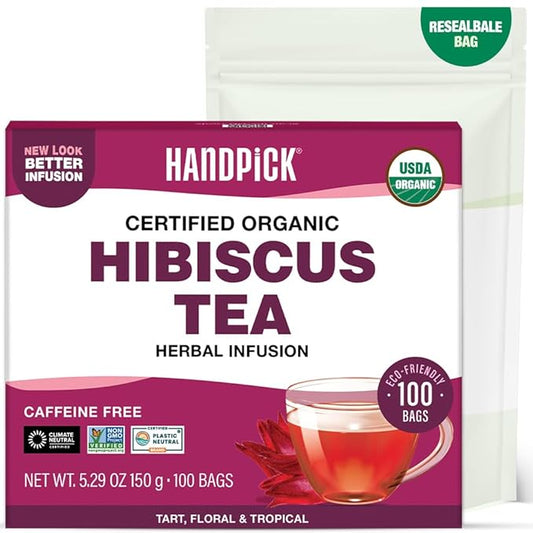 HANDPICK, Organic Hibiscus Tea Bags (100 Tea Bags) | Caffeine-Free, 100% Natural Pure Indian
