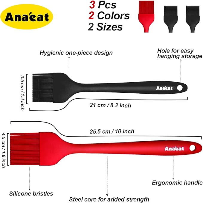 Anaeat High Heat Resistant Silicone Basting Pastry Brush Set of 3- Hygienic One-Pieces Design