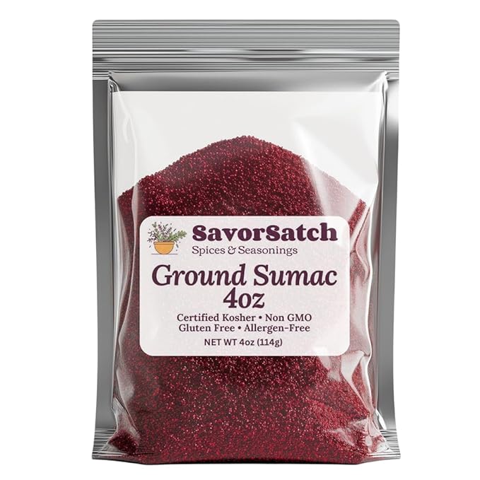 SavorSatch Ground Sumac ??4oz Resealable Pouch | Certified Kosher, GMO Free, Allergen-Free | Tangy