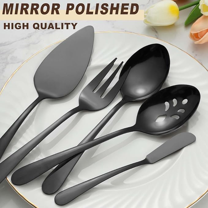 BEWOS Black 20-Piece Serving Set, Black Slotted Spoons & Tongs, Forks, Cake Server & Butter Knife