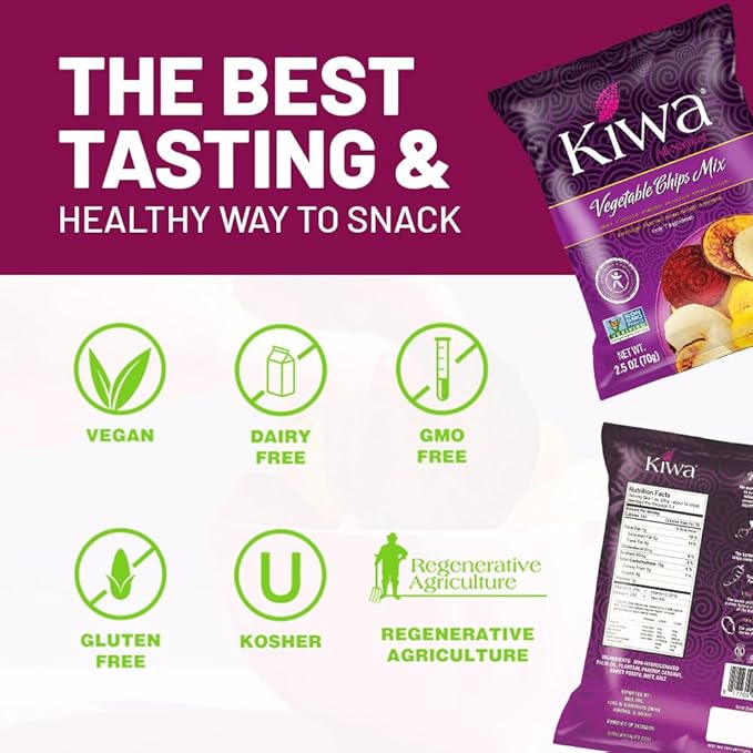 Kiwa Real Veggie Chips Healthy 2.5 Oz (Pack of 6) - Veggie Snacks with Plantain, Beet, Parsnip