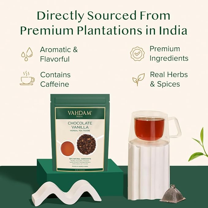 VAHDAM Chocolate Vanilla Herbal Tea (3.5 oz, 50+ Cups) | Rooibos, Chocolate, Vanilla | Loose-Leaf