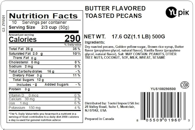 Yupik Butter Flavored Toasted Pecans, 1.1 lb, Sweet & Salty Crunchy Gourmet Snack, Roasted Pecans