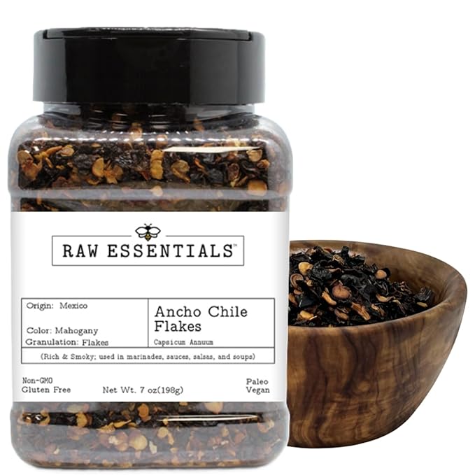 Raw Essentials Ancho Chile Flakes - Rich & Smoky Flavor - Great for Marinades, Sauces, Salsas, &
