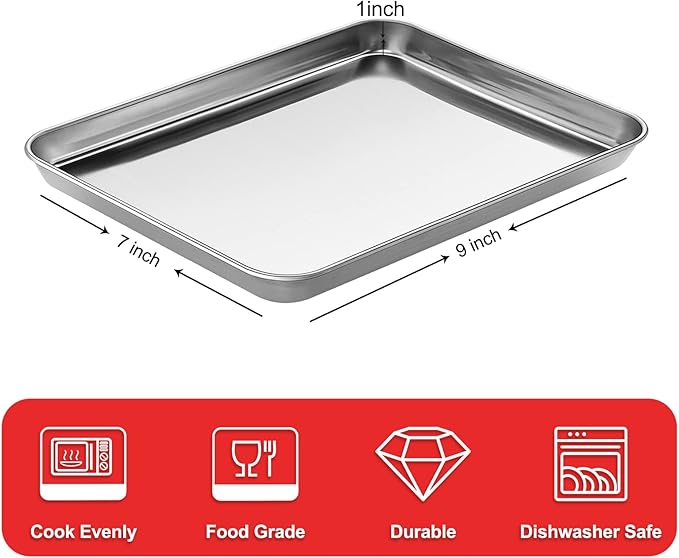 Baking Sheet, Stainless Steel Cookie Sheet Baking Pan Tray for Toaster Oven Size 9 x 7 x 1 Inch