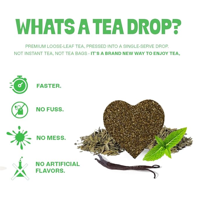 Tea Drops 30 Bulk Pack Organic Peppermint Bagless Tea - Loose Leaf, Lightly Sweetened, On-The-Go.