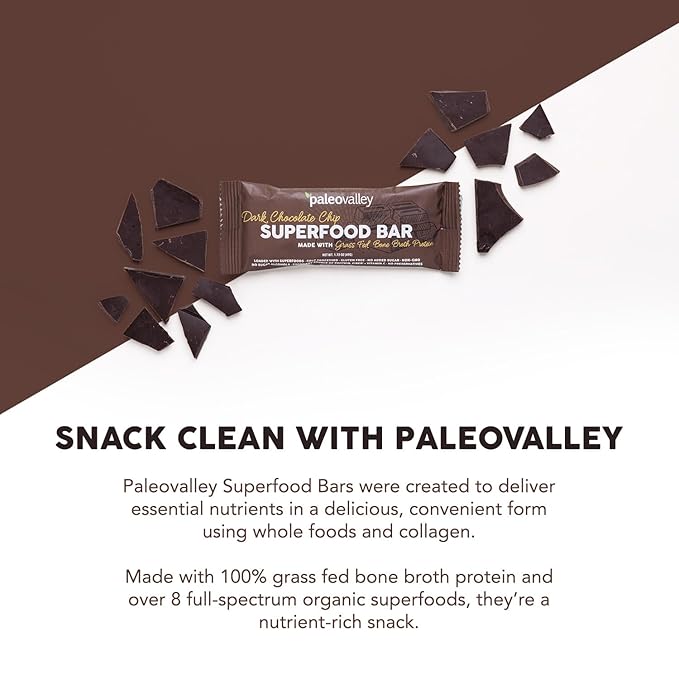 Paleovalley Superfood Bars – Dark Chocolate Chip– 12 Pack – 9g Protein per Bar – Gluten-Free