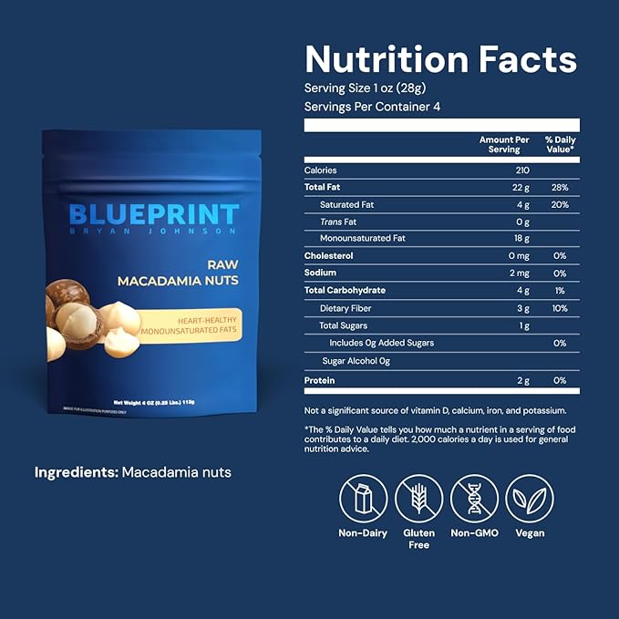 Blueprint Bryan Johnson Raw Macadamia Nuts - No Palm Oil - Keto and Low Carb Snack - No Added