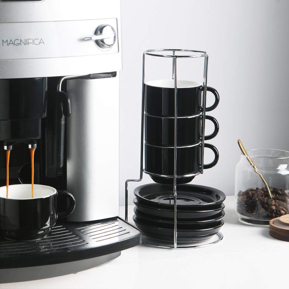 Sweejar Ceramic Espresso Cups with Saucers, 4 Ounce Stackable Cappuccino Cups with Metal Stand for