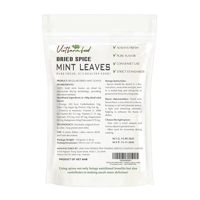 REGULAR DRIED MINT 5.29 Oz (150g) VIETFARMFOOD: Natural pure, convection dried seasoning made from