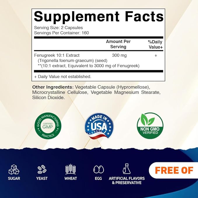 Vitamatic Fenugreek Capsules Extra Strength 3000 mg Equivalent Per Serving (from 10:1 Extract 300