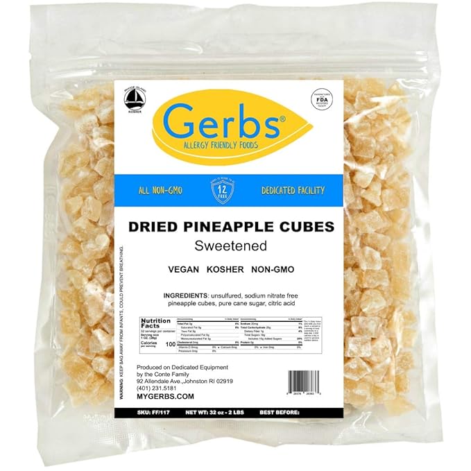 Gerbs Dried Pineapple Cubes, 2 LBS - Preservative Free & Unsulfured - Top 14 Food Allergy Free &