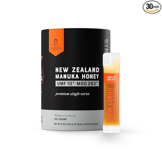 Nate's Manuka Honey Minis - 30 count Single-serve, Pure Manuka Honey - MGO 263+ | UMF Certified 10+