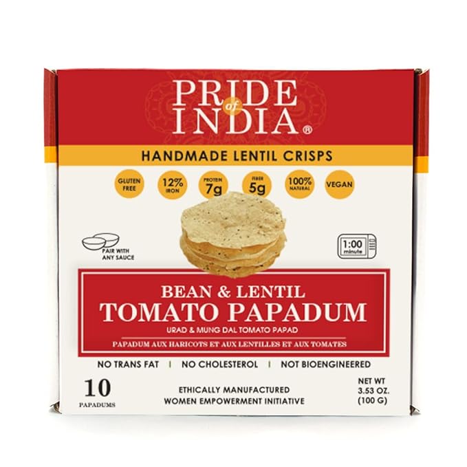 Pride Of India | Tomato Papadum, Pack of 6-10 Count Box (3.53oz - 100gm) | Protein Fiber & Iron