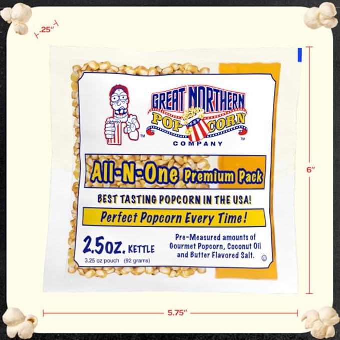 2.5oz Popcorn Machine Popcorn Packets - All-in-One Movie Theater Style Kernels, Salt, and Oil Packs