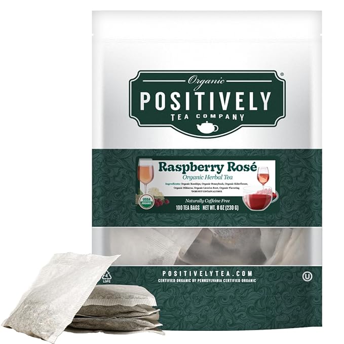 Organic Positively Tea Company, Raspberry Rosé, Herbal Tea Bags, 100 Count, Eco-Friendly Tea Bags
