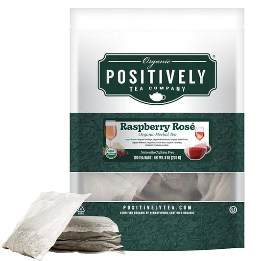 Organic Positively Tea Company, Raspberry Rosé, Herbal Tea Bags, 100 Count, Eco-Friendly Tea Bags