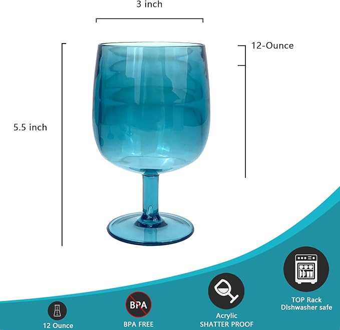 Yalin Set of 6 Unbreakable 12 oz Acrylic Plastic Wine and Water Tumbler Stackable Goblets. (Cyan