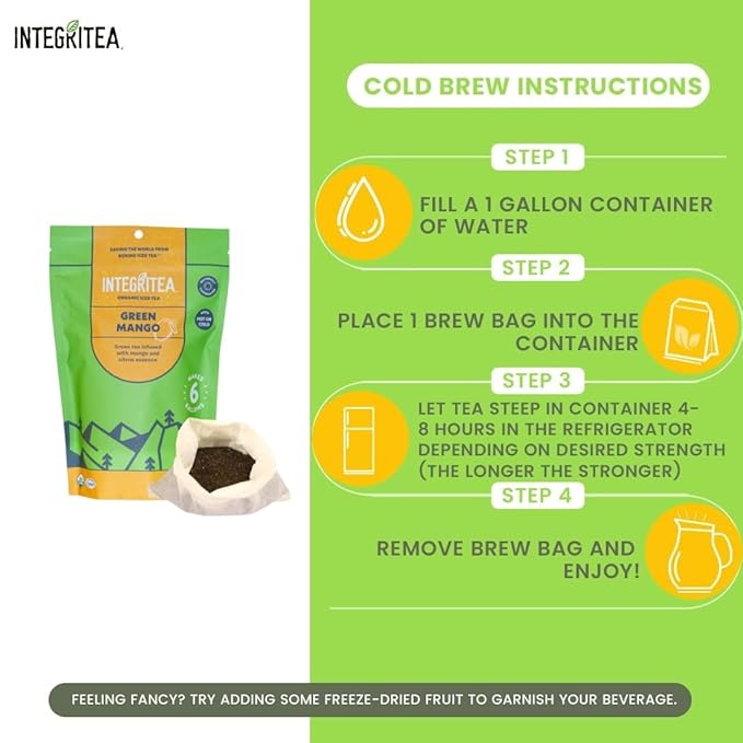 IntegriTEA Green Mango Flavored Green Tea, 6 Organic Unsweetened Iced Tea Bags, 6 Gallons, Hot or
