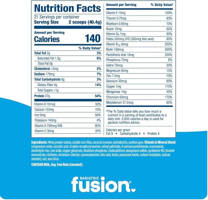 Bariatric Fusion Unflavored Meal Replacement 27g Protein Powder, 21 Serving Tub for Bariatric