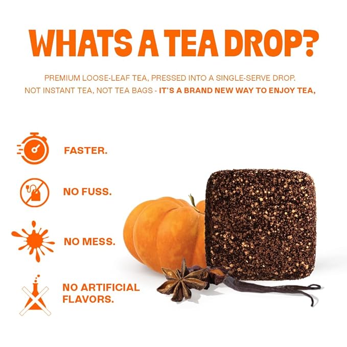 Tea Drops 30 Bulk Pack Organic Pumpkin Spice Bagless Tea - Loose Leaf, Lightly Sweetened