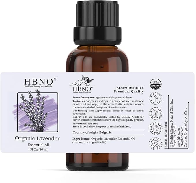 HBNO California Bottled Organic Lavender Essential Oil 1 fl oz (30ml) - USDA Certified Organic