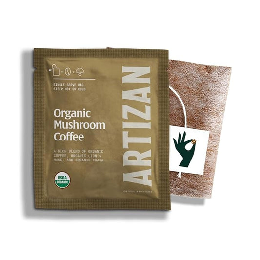 Artizan Organic Single-Serve Mushroom Coffee Bags – Lion’s Mane + Chaga | Half Caff | Full City