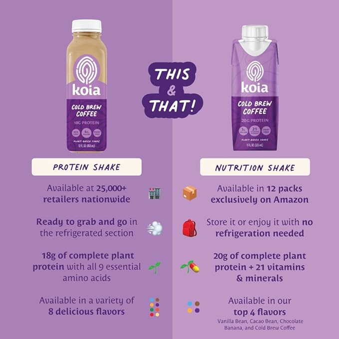 Koia Plant Based Protein Shake, Cold Brew Coffee, 20g Protein, 3g Sugar, 6g Prebiotic Fiber, 21