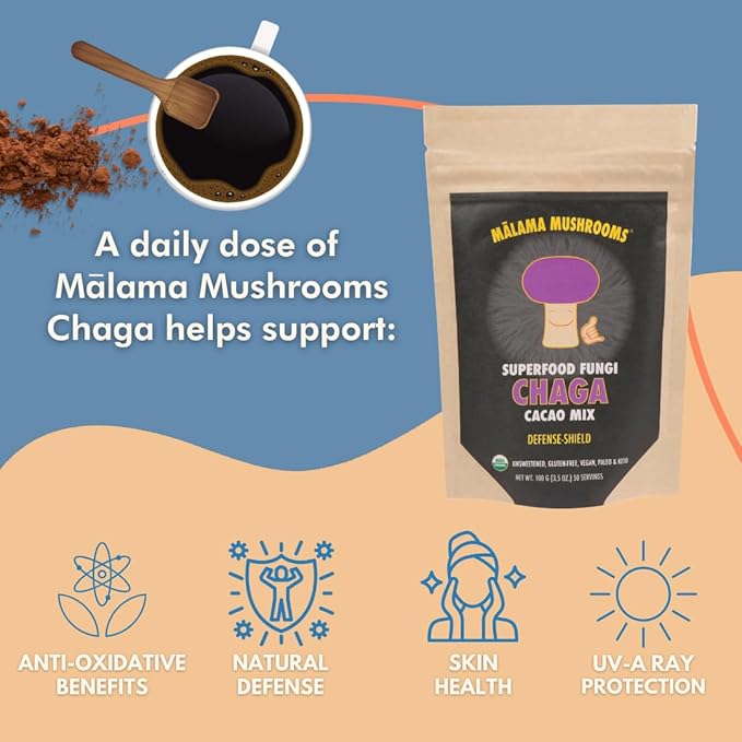 Malama Organic Mushroom Hot Cacao Mix, Chaga Mushroom Powder with Fair Trade Cacao for Immune &