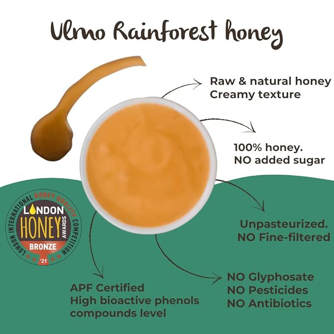 Ulmo Rainforest honey APF 200+ by Terra Andes Plus. Raw natural organic honey. Highest bioactive