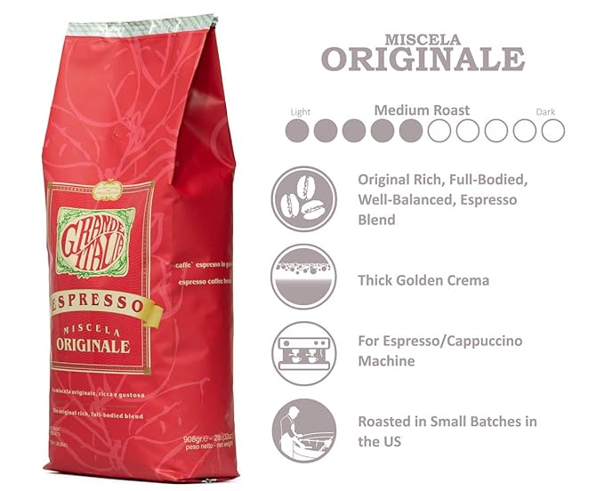 Grande Italia Espresso; Small Batch Artisan Roasted; Originale, Medium Roast (2LB Bag, Pack of 2)