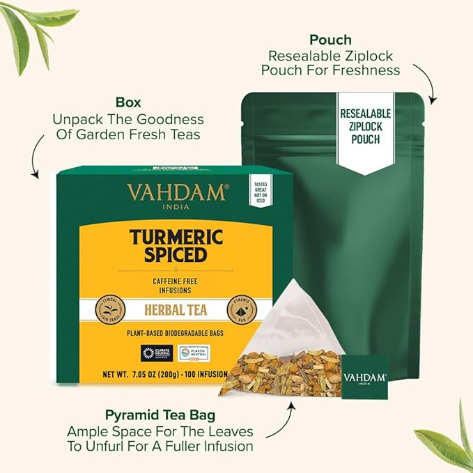 VAHDAM, Turmeric Spice Herbal Tea Bags (100 Pyramid Tea Bags) | Caffeine Free, Non GMO & Gluten