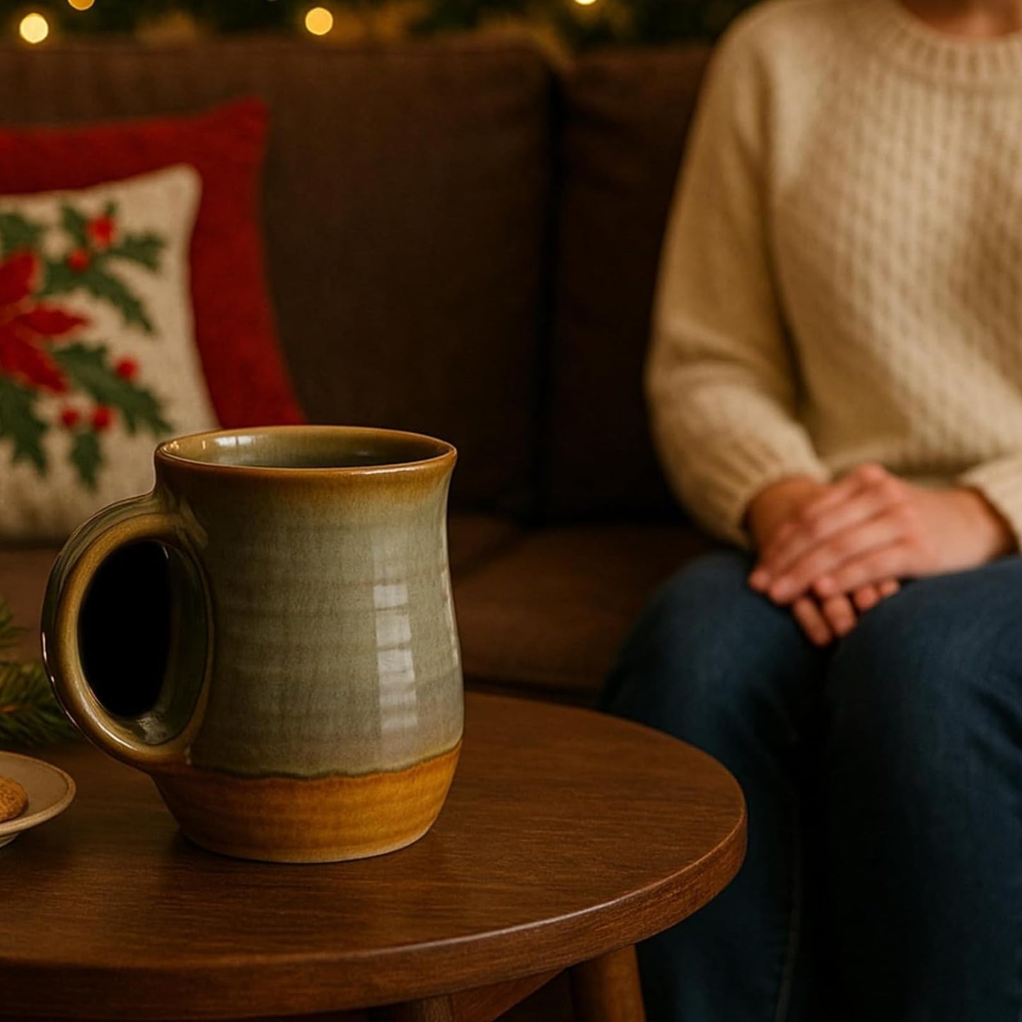 Hand Warmer Mug, Handmade Pottery Ceramic and Hand Painted - The Contoured Pocket will Hold Warmth