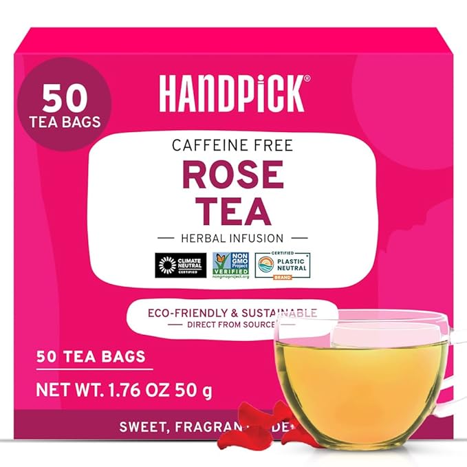 HANDPICK, Rose Buds Herbal Tea Bags - 50 Count | Caffeine Free Tulsi Tea with Chamomile & Rose