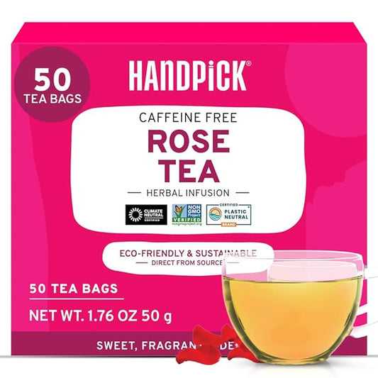 HANDPICK, Rose Buds Herbal Tea Bags - 50 Count | Caffeine Free Tulsi Tea with Chamomile & Rose