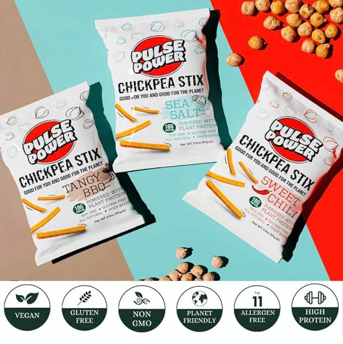 Pulse Power Chickpea Stix - Crunchy Snacks, High Protein, Gluten Free, Non-GMO, Vegan (3 pack, 3