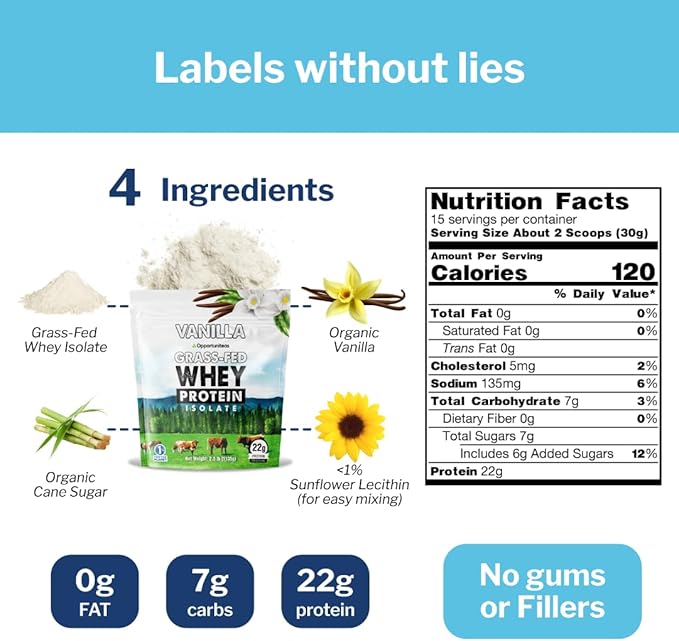Opportuniteas Grass Fed Vanilla Whey Protein Isolate Powder - 22g Protein Powder Without Artificial