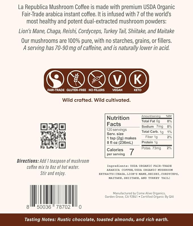 La Republica Big Shot Decaf Instant Mushroom Coffee Organic (120 Servings) with Lion's Mane