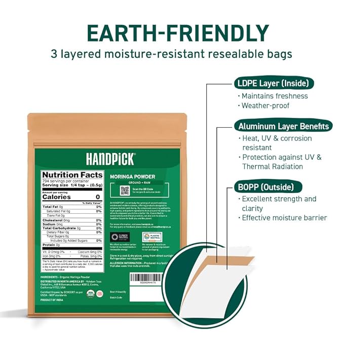 HANDPICK USDA Organic Moringa Powder (397g/14oz) Pure Moringa Oleifera Leaf Powder | Authentic