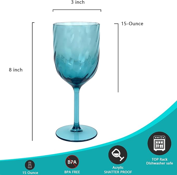 Yalin Set of 6 Unbreakable 15 oz Acrylic Plastic Wine and Water Tumbler Stackable Goblets. (Cyan