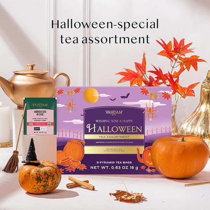 VAHDAM, Limited Edition Halloween Tea Gift Basket | 9 Premium Variety Pyramid Tea Bags | Halloween